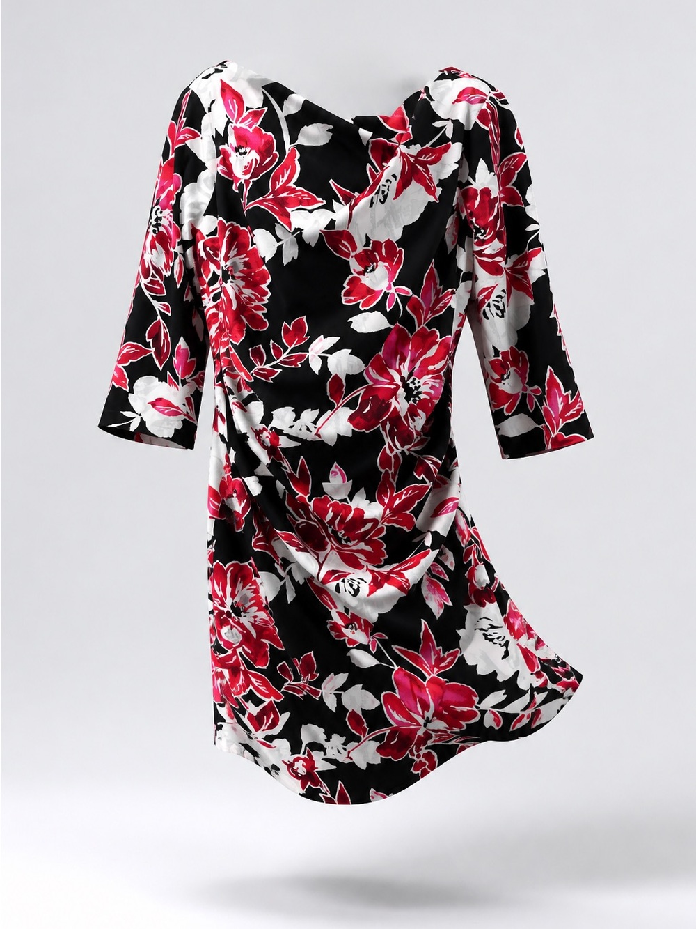 White House Black Market Black Tunic with Pink & White Floral Print